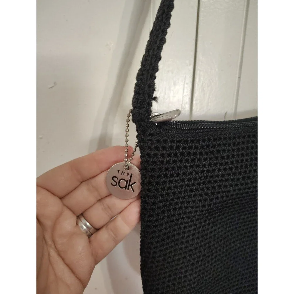 The Sak Black Crochet Shoulder Bag Purse Top Zip Closure Small